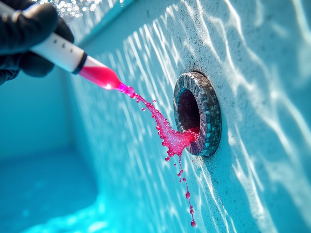 Dye drifting toward a pool return fitting during a leak test