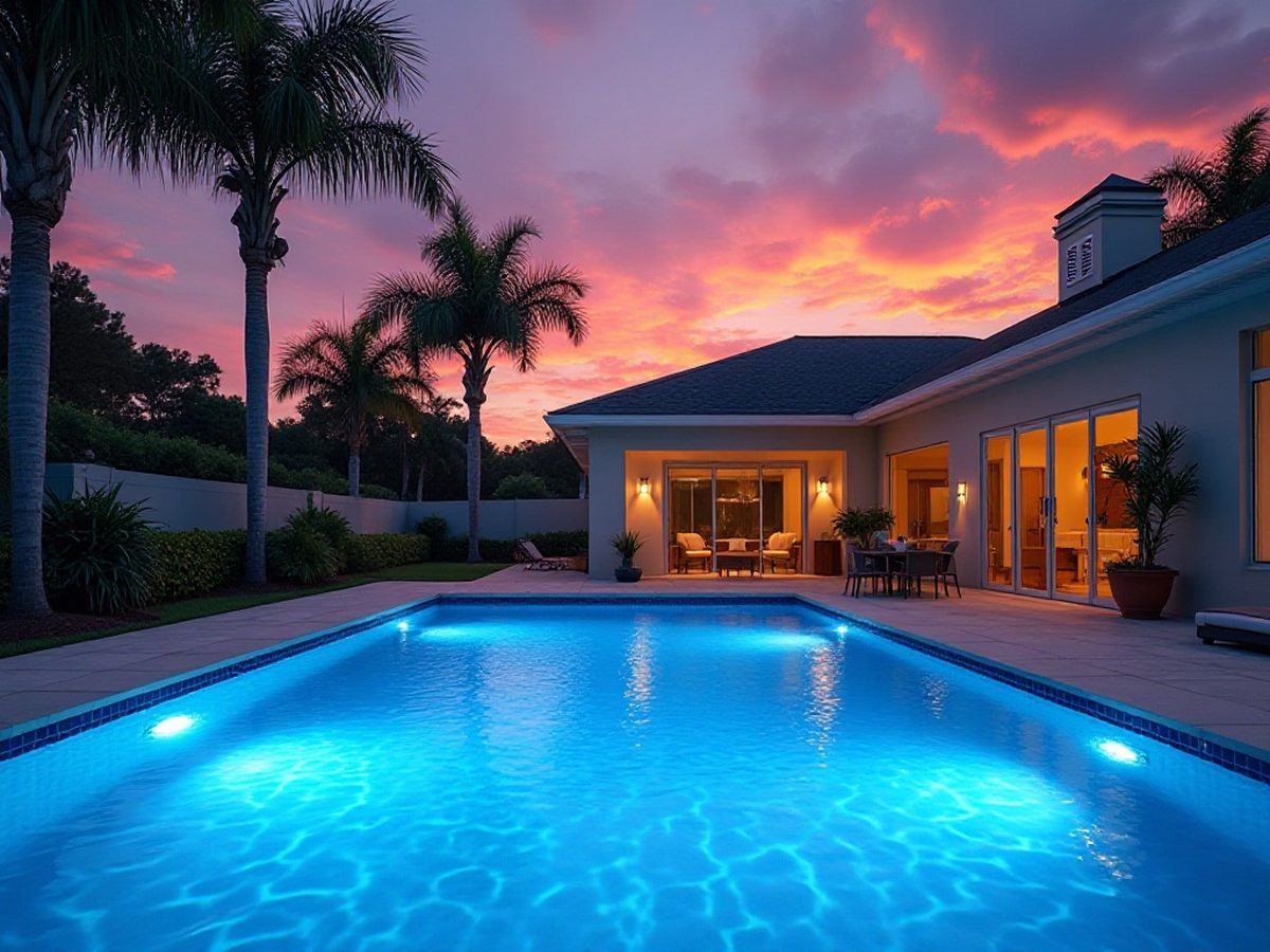Pool lit with a color-changing LED light in the evening
