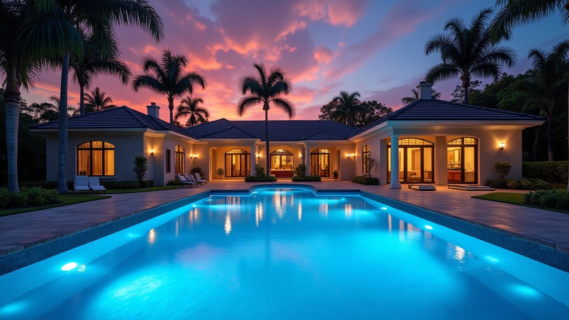 Backyard pool glowing blue at dusk from an underwater light