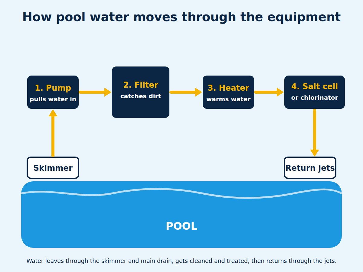 Simple diagram of pool water flowing from skimmer to pump, filter, heater and back to the return jets