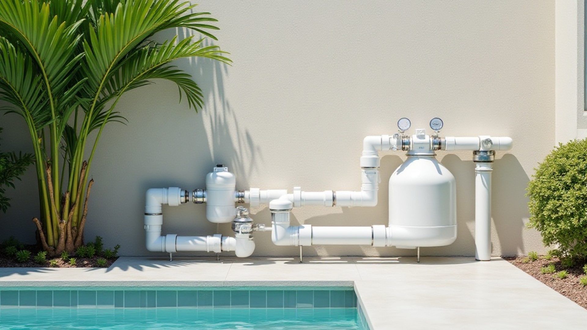 White PVC pool plumbing and three-way valves on a pool equipment pad