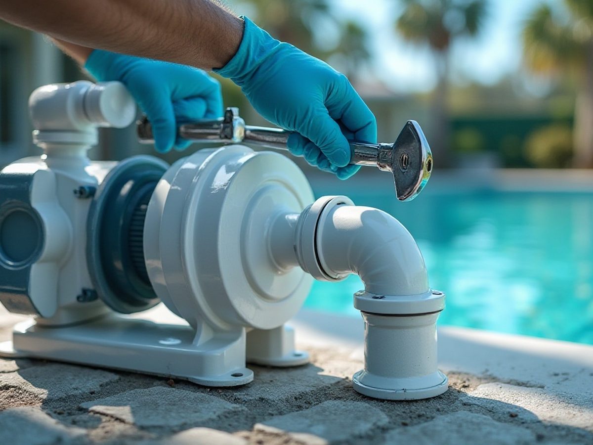 Close view of a pool pump motor and wet end connected to PVC plumbing