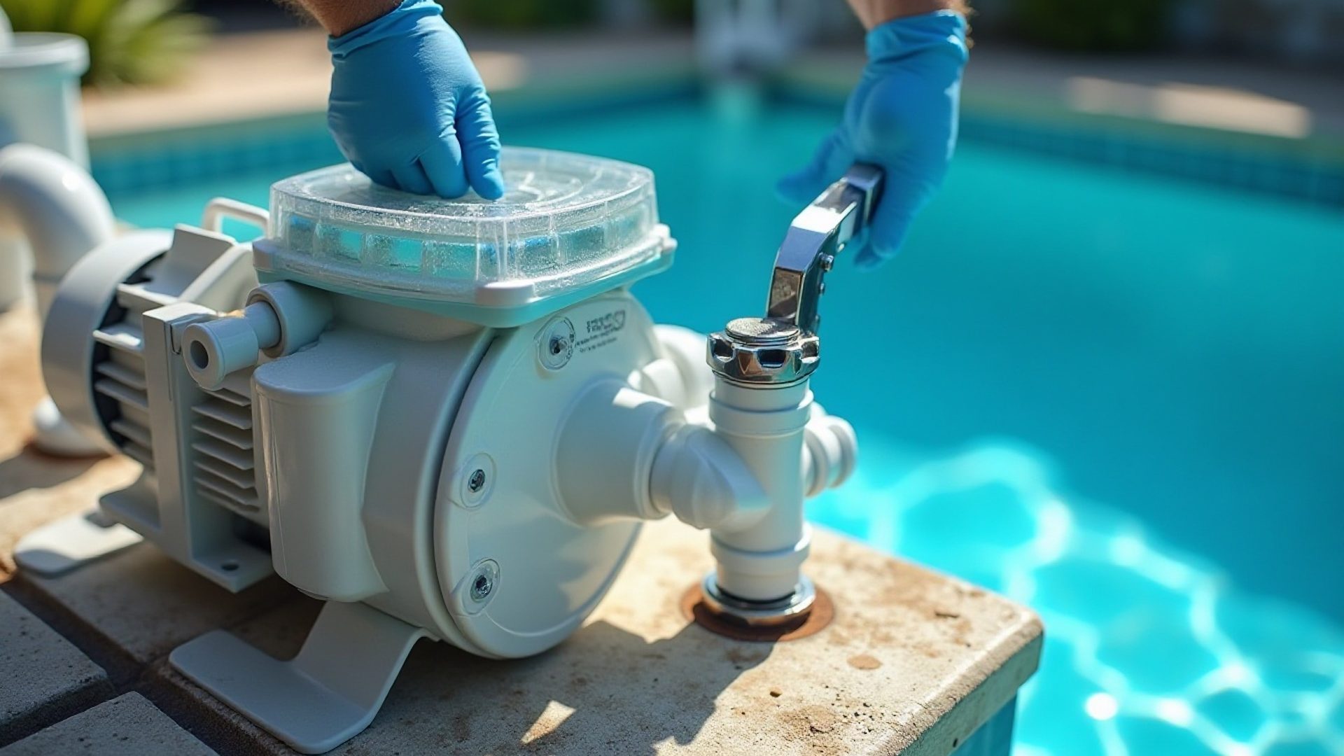 Pool pump and motor mounted on an equipment pad beside a Florida swimming pool
