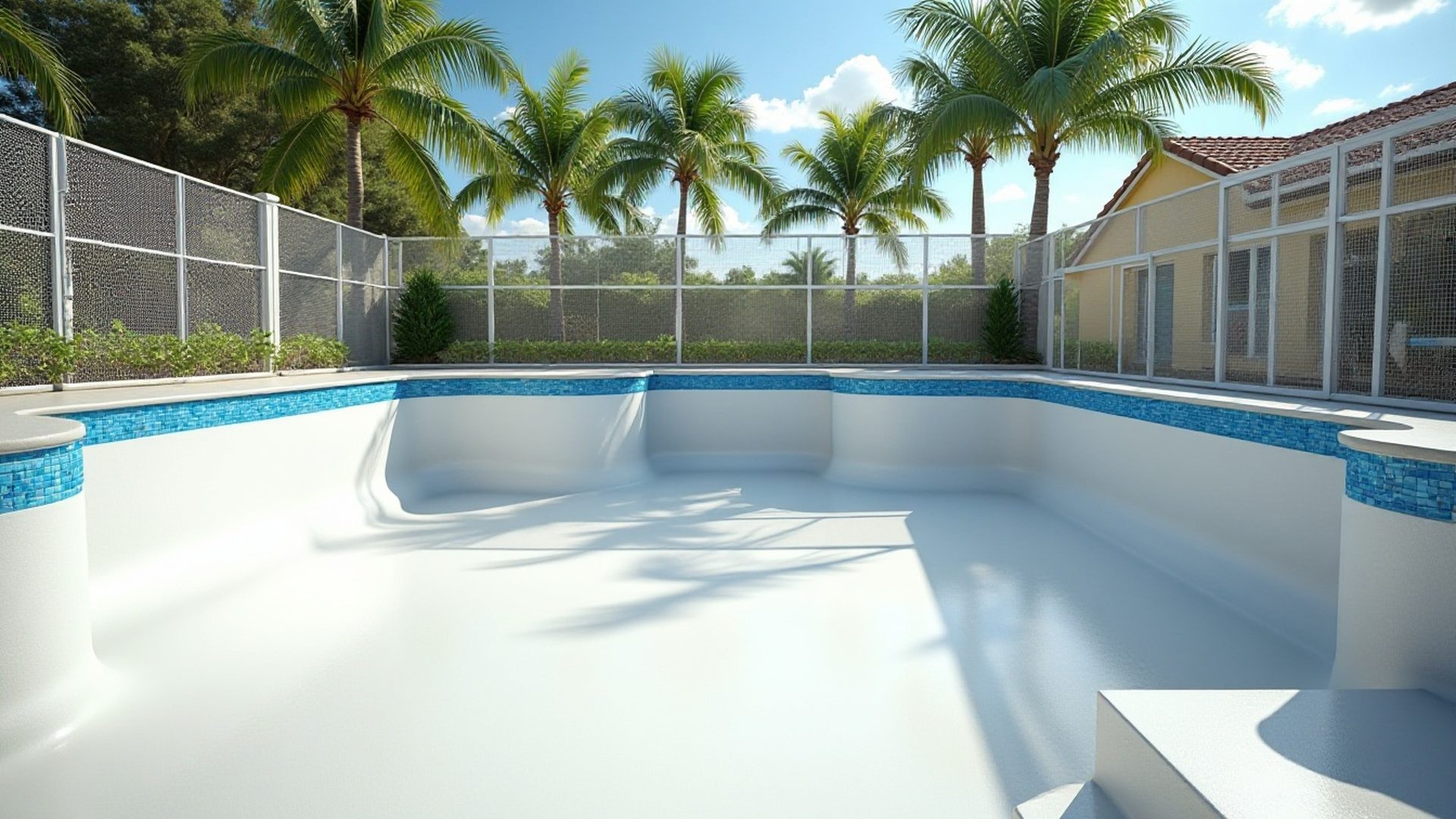 Empty pool being prepared for a new interior finish on a sunny day