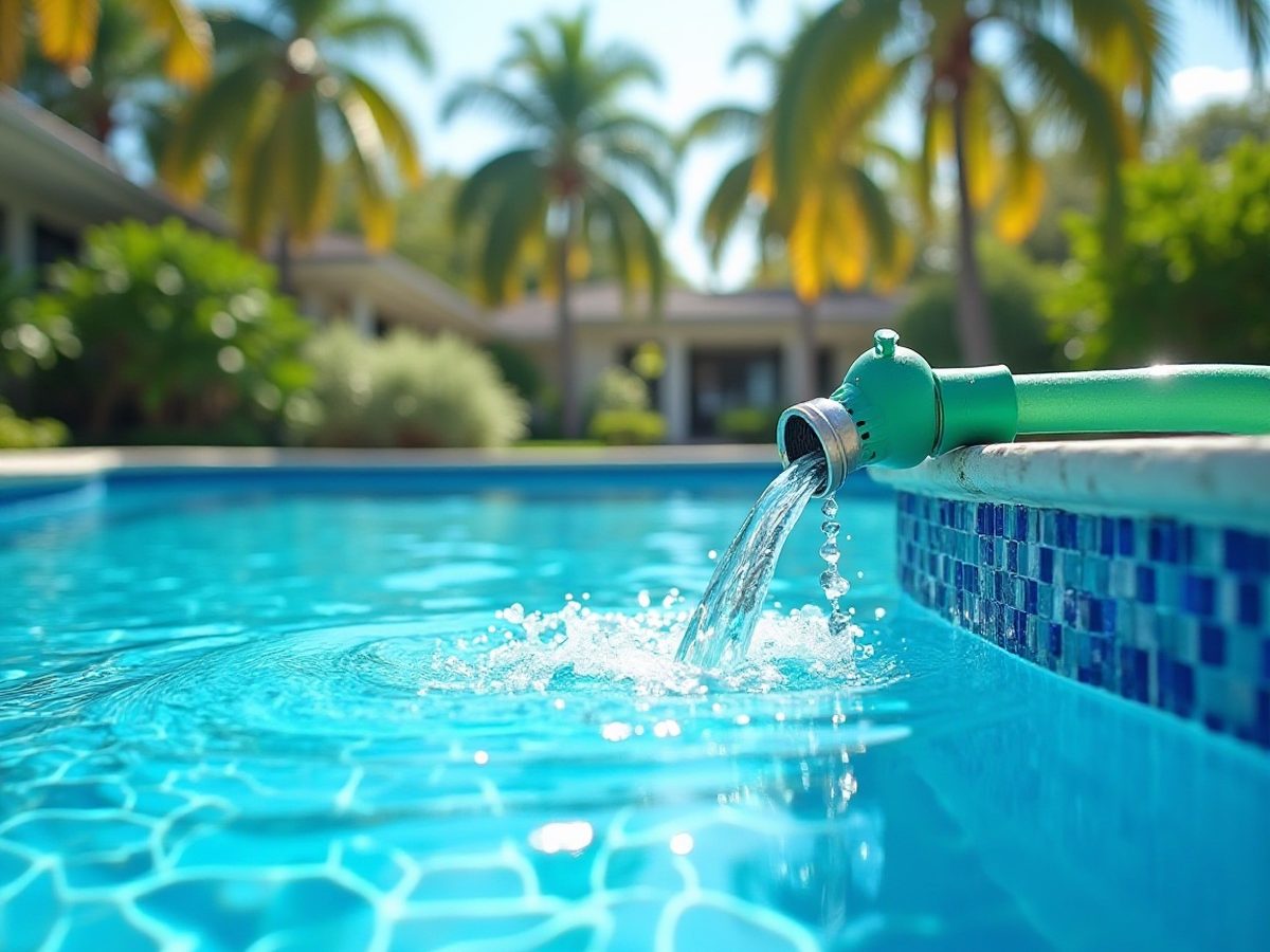 Newly resurfaced pool with a blue pebble finish refilling with water