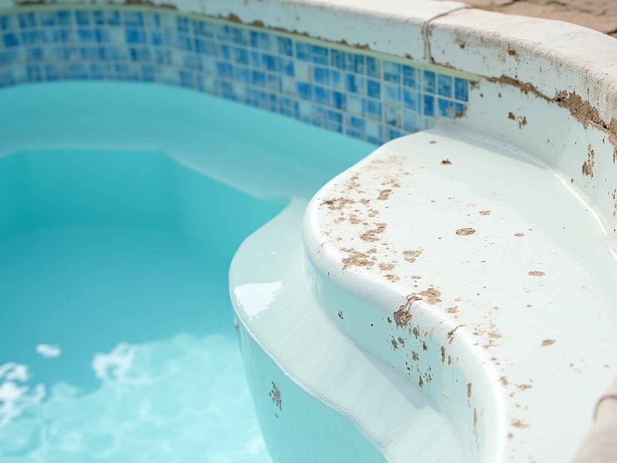 Close view of worn, stained pool plaster near a pool step