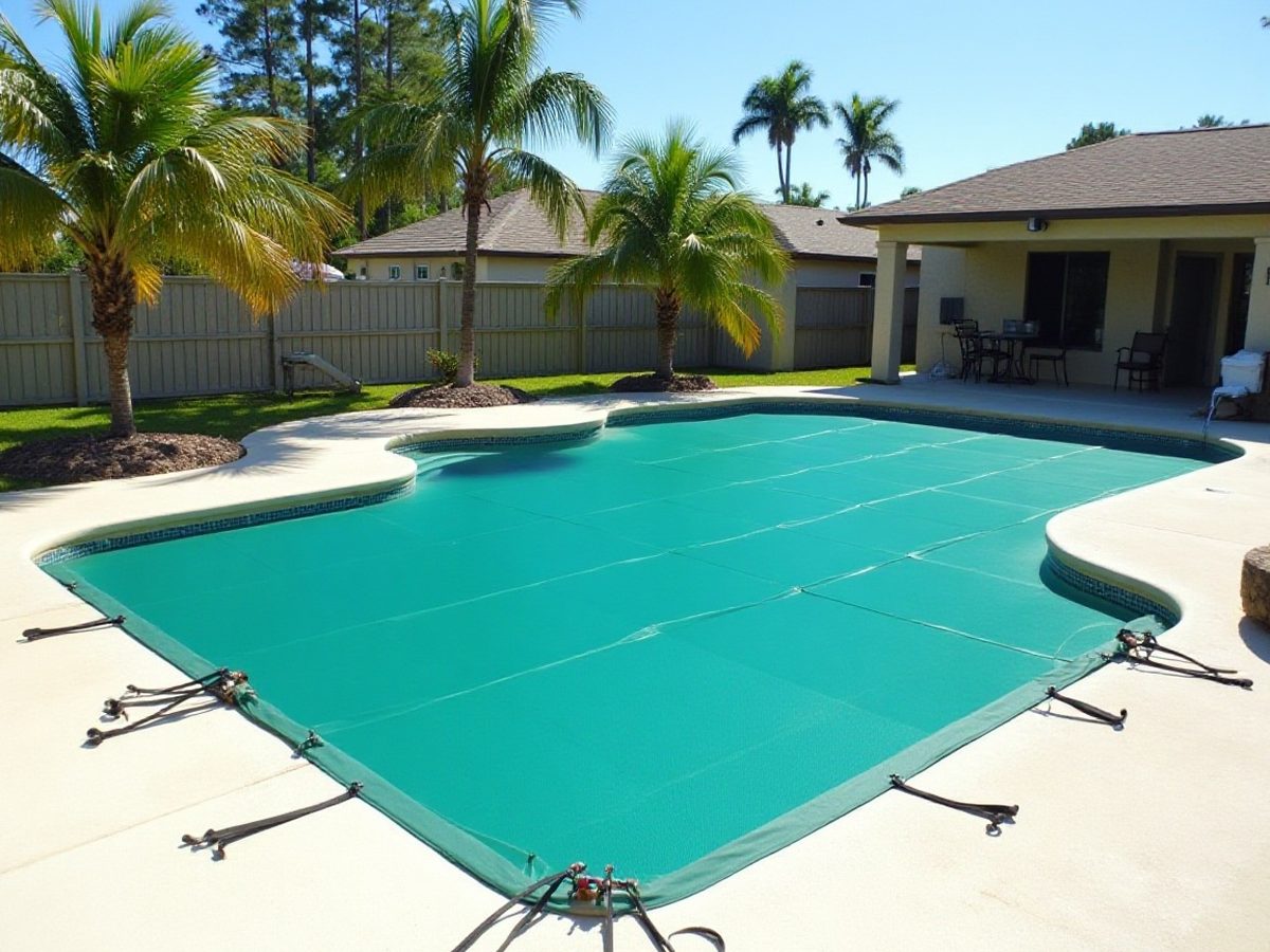 Mesh safety cover stretched tight over a closed backyard pool