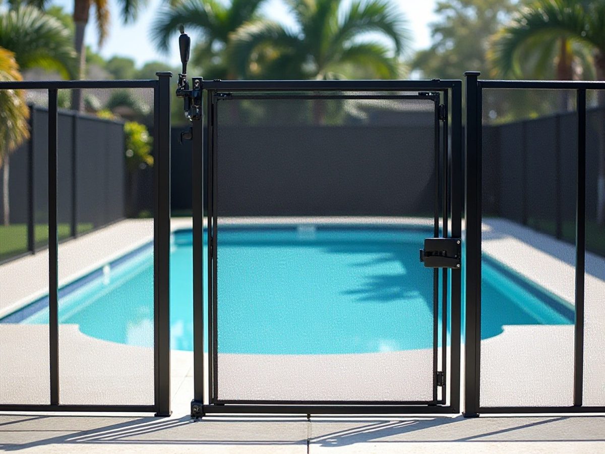 Self-closing gate in a mesh pool safety fence