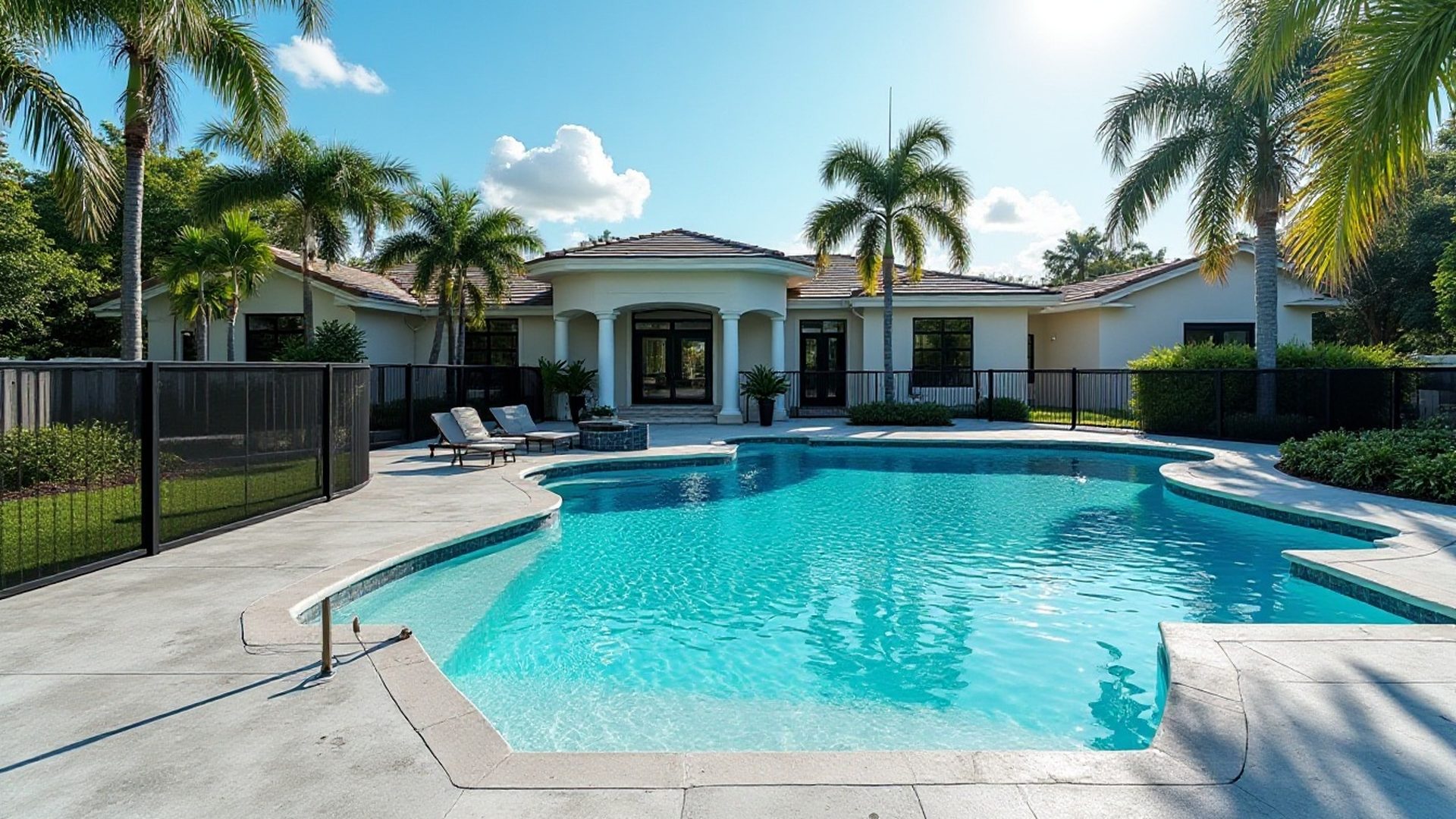 Removable mesh pool safety fence surrounding a backyard pool