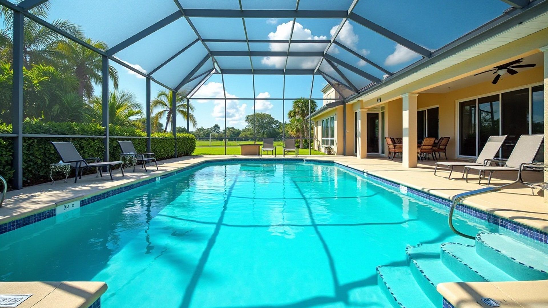 Aluminum pool screen enclosure over a Florida backyard pool and patio