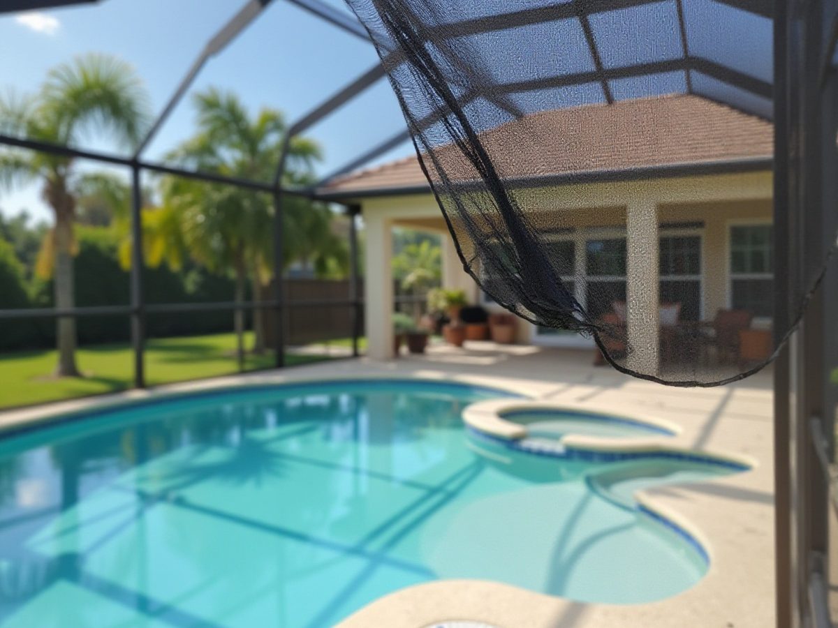 Torn screen panel on a pool enclosure next to an intact panel