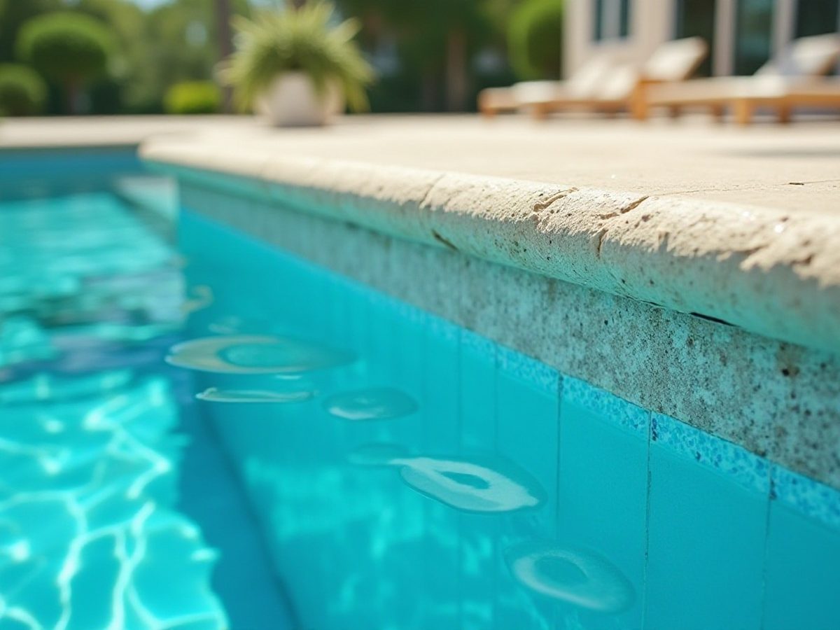Close view of hard calcium scale on glazed pool tile at the waterline