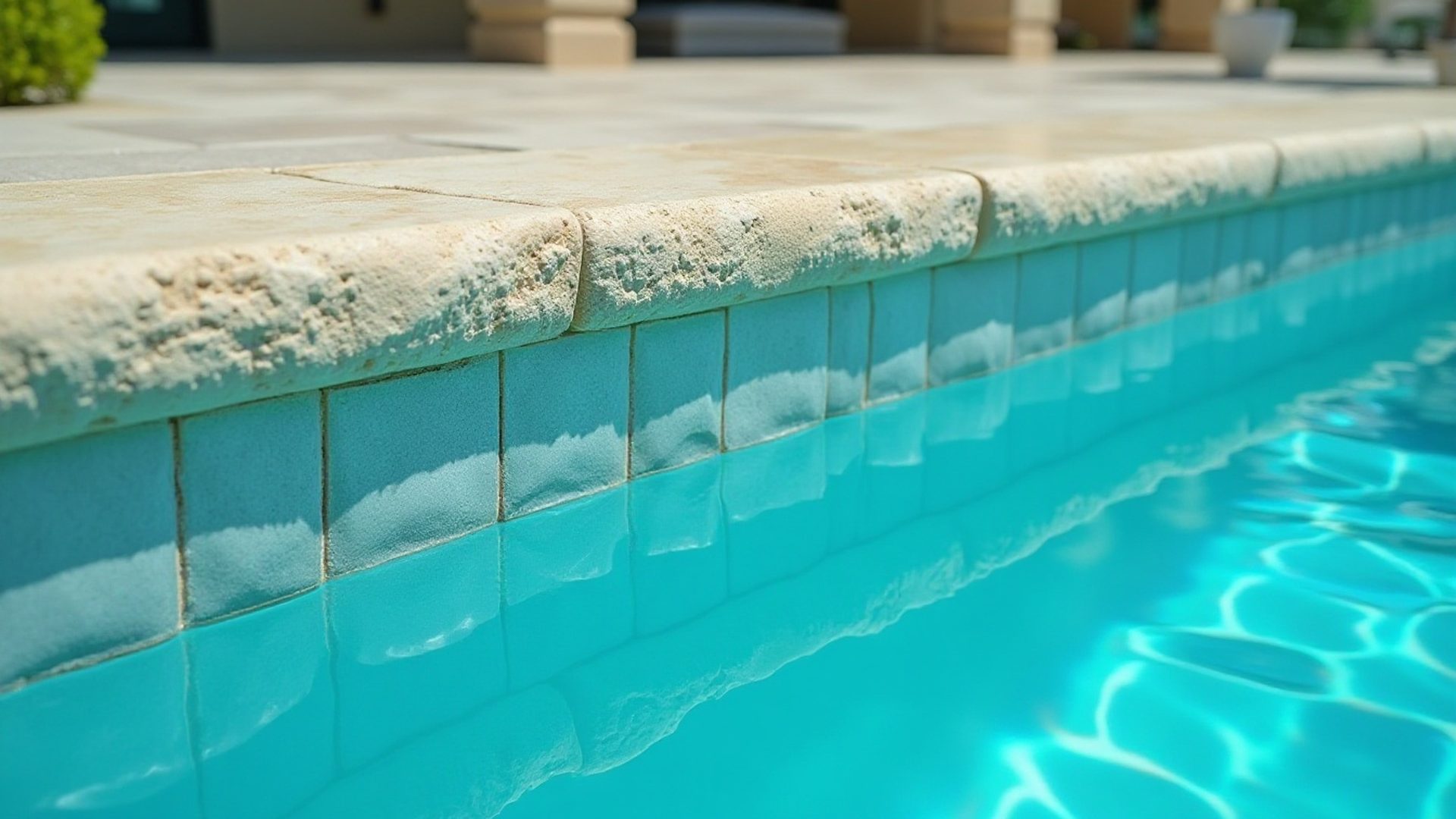 Blue waterline pool tile with a band of white calcium buildup