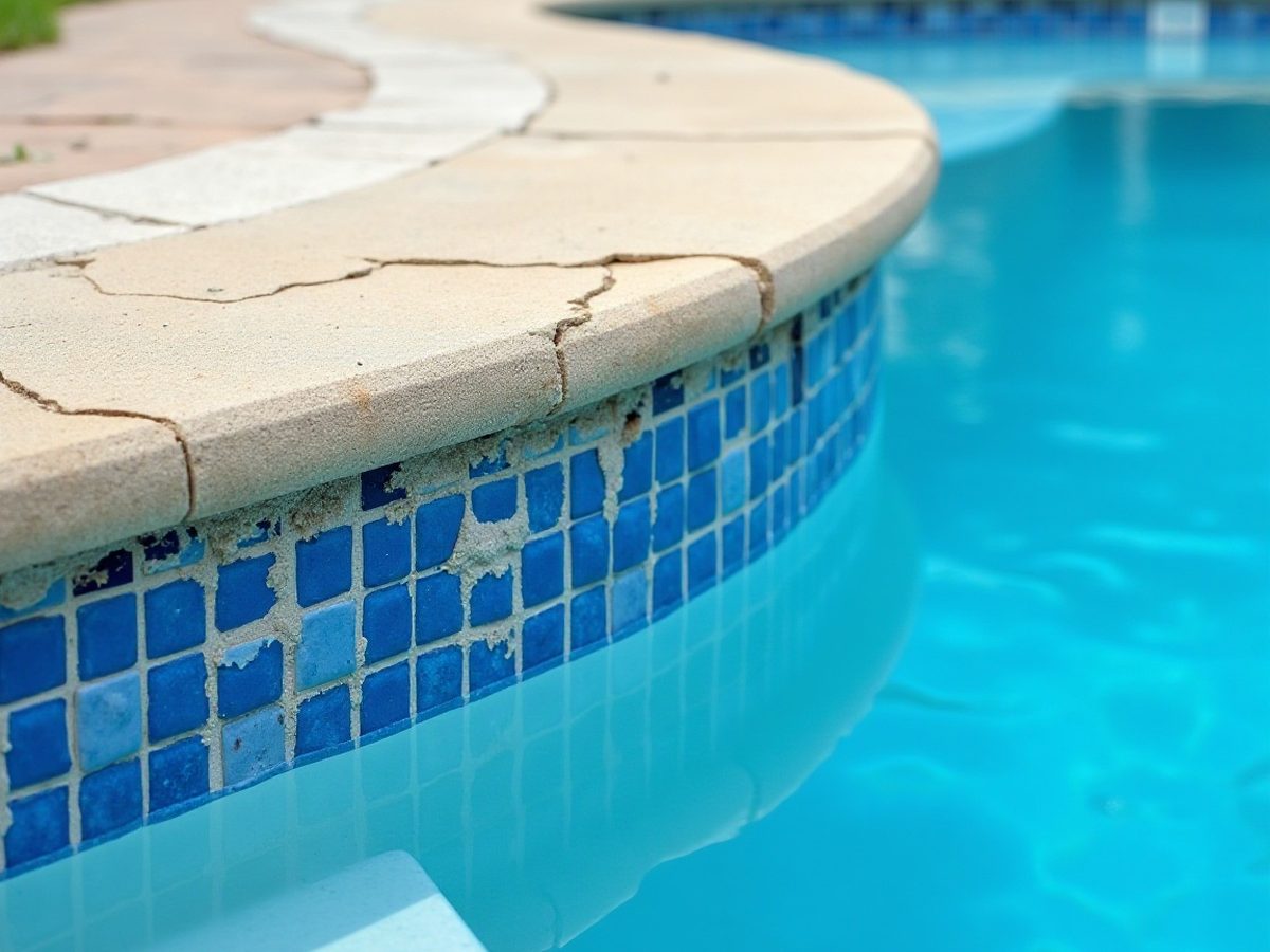 Section of pool waterline with loose and missing tiles