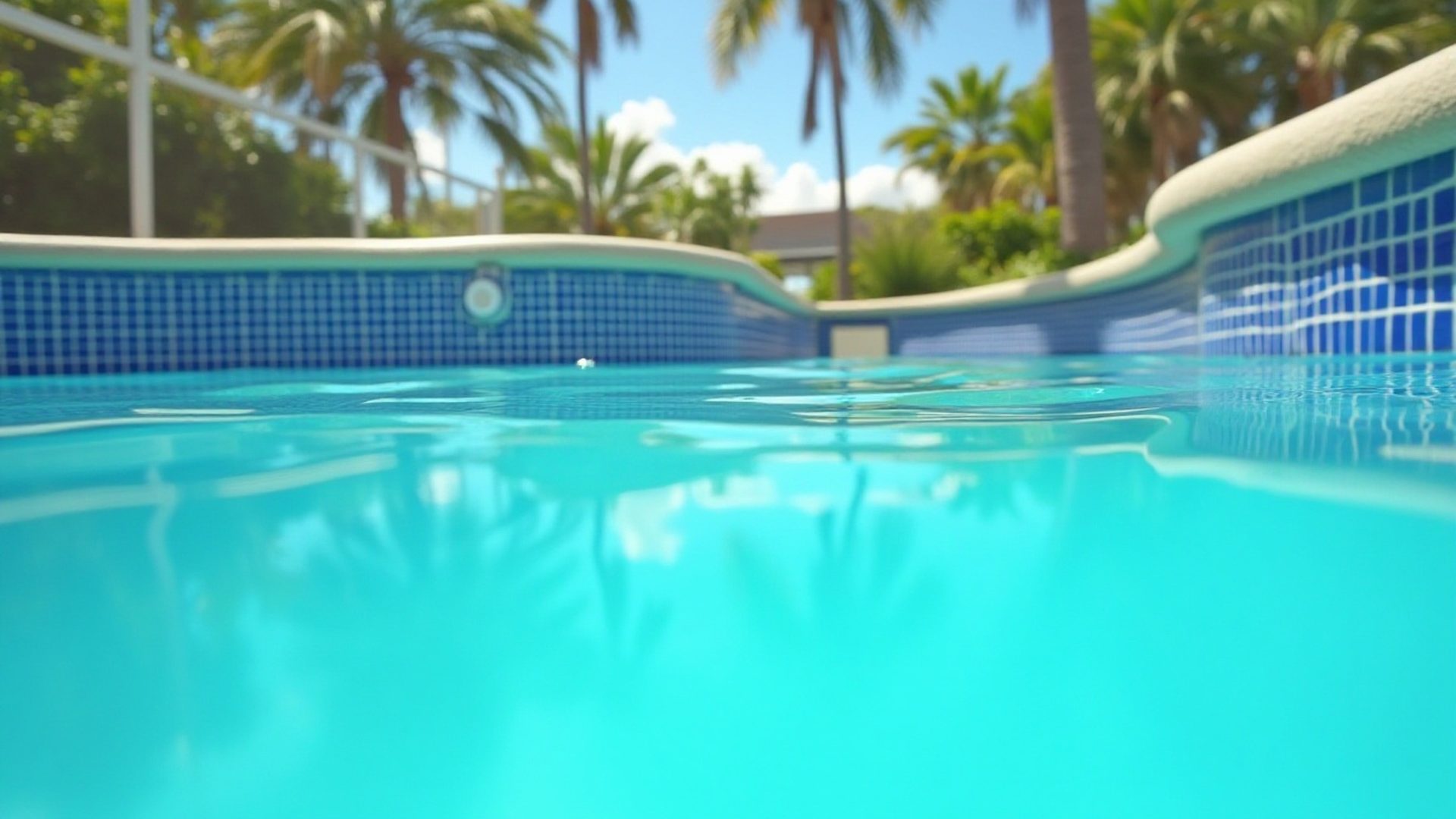 New glass mosaic waterline tile along the edge of a Florida swimming pool