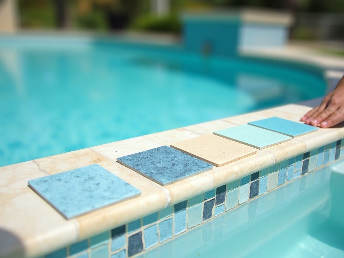Pool tile samples laid on a pool coping edge for color comparison