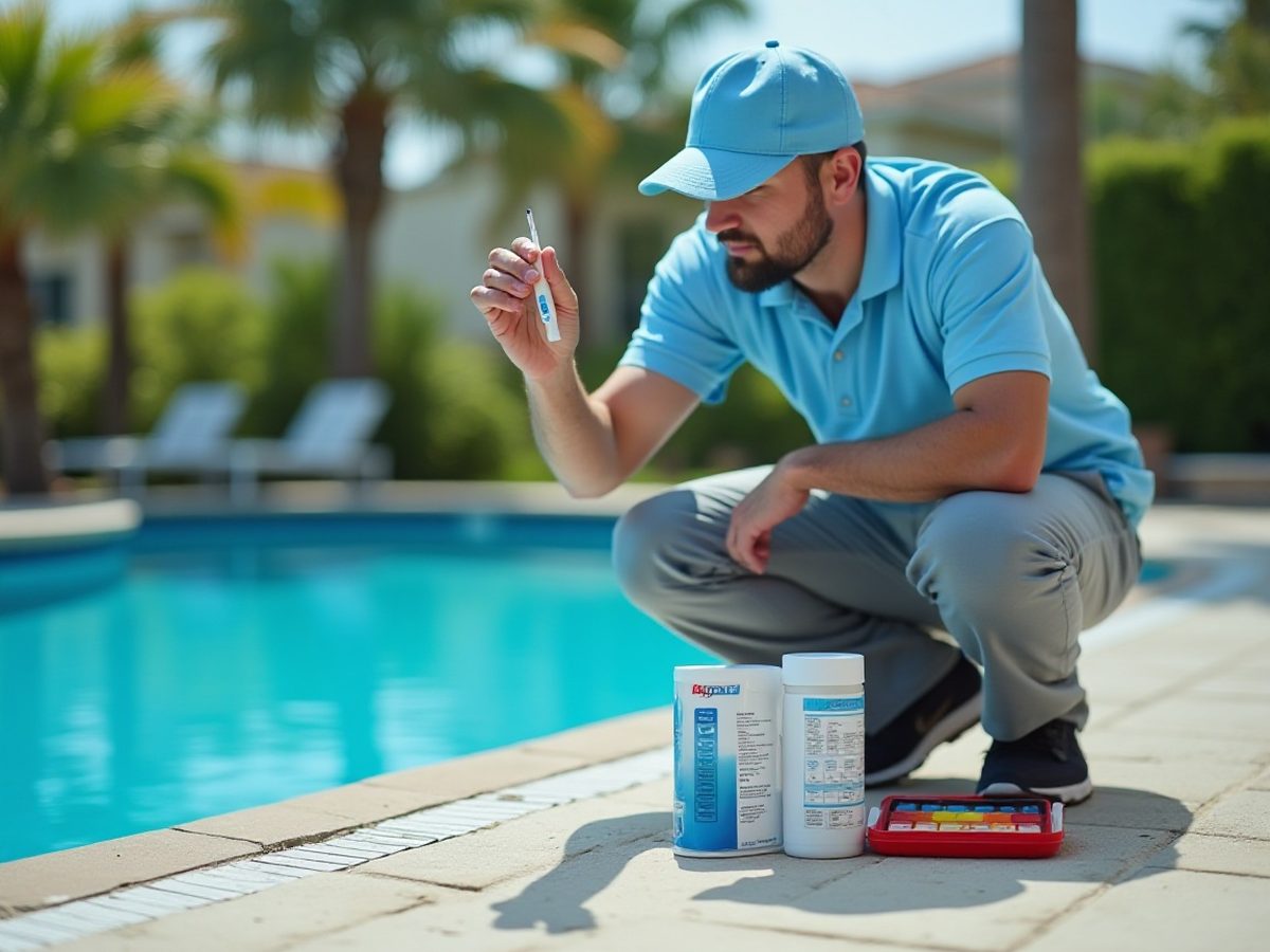 Digital pool water tester reading a sample vial