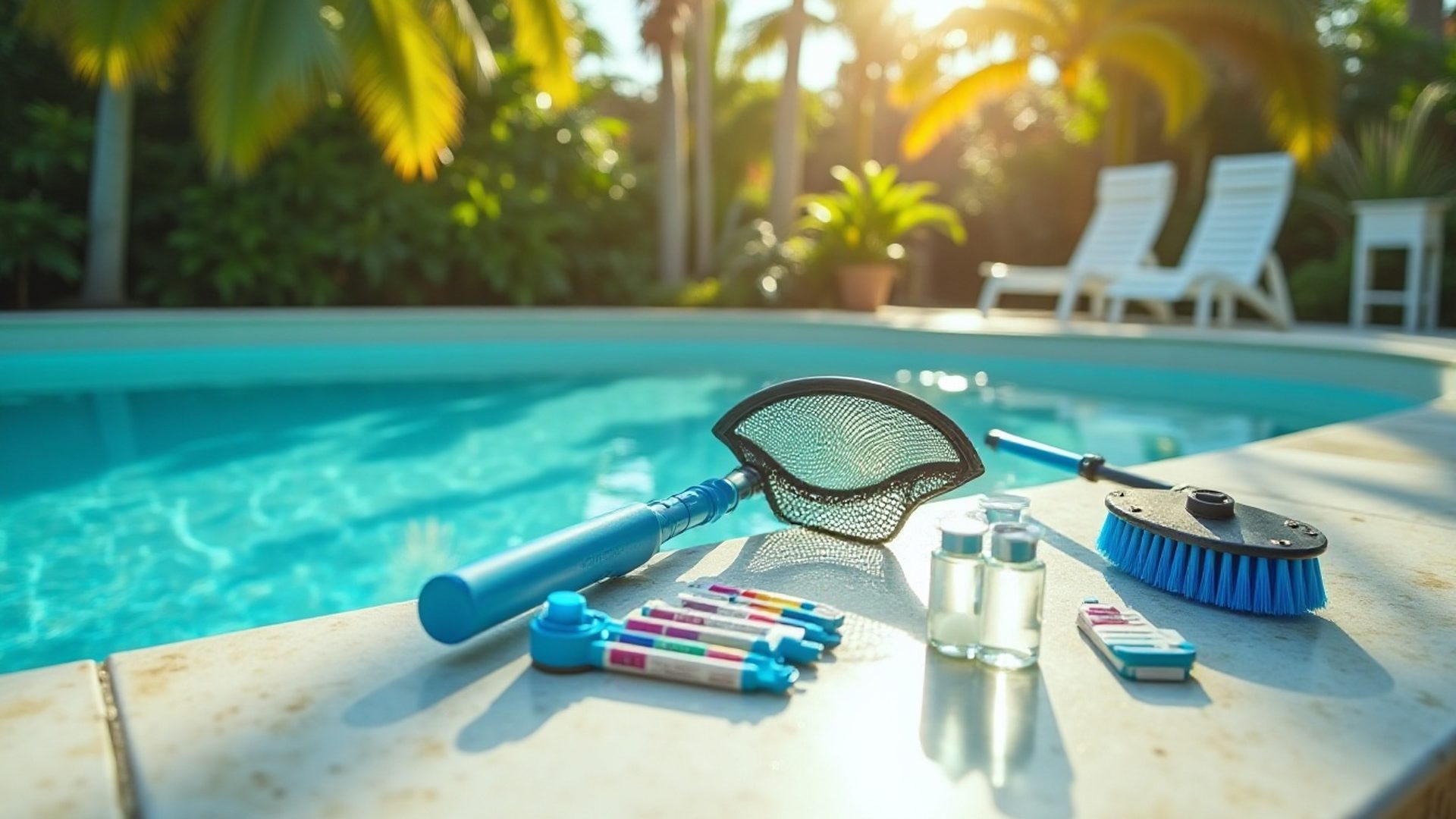 Pool water test kit with sample vials held above clear blue water