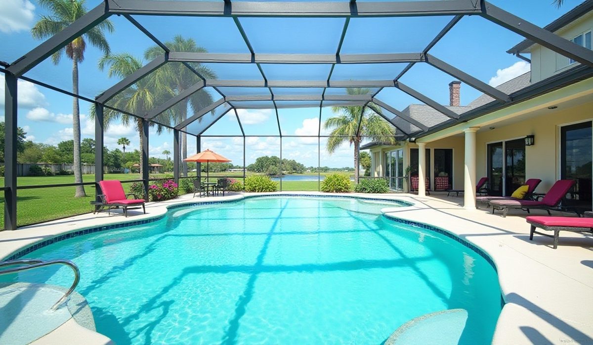 Florida home exterior with a screened pool enclosure