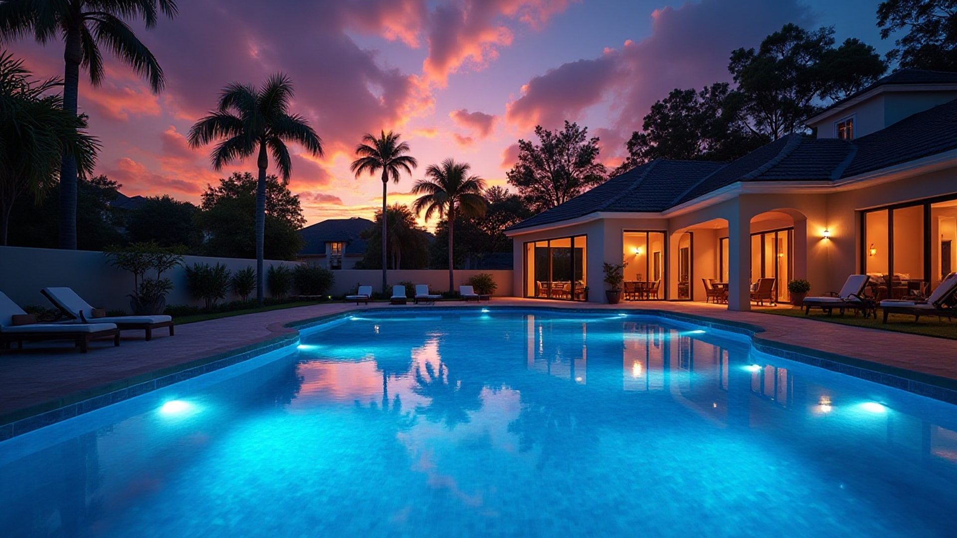 Calm backyard pool at dusk with soft lighting