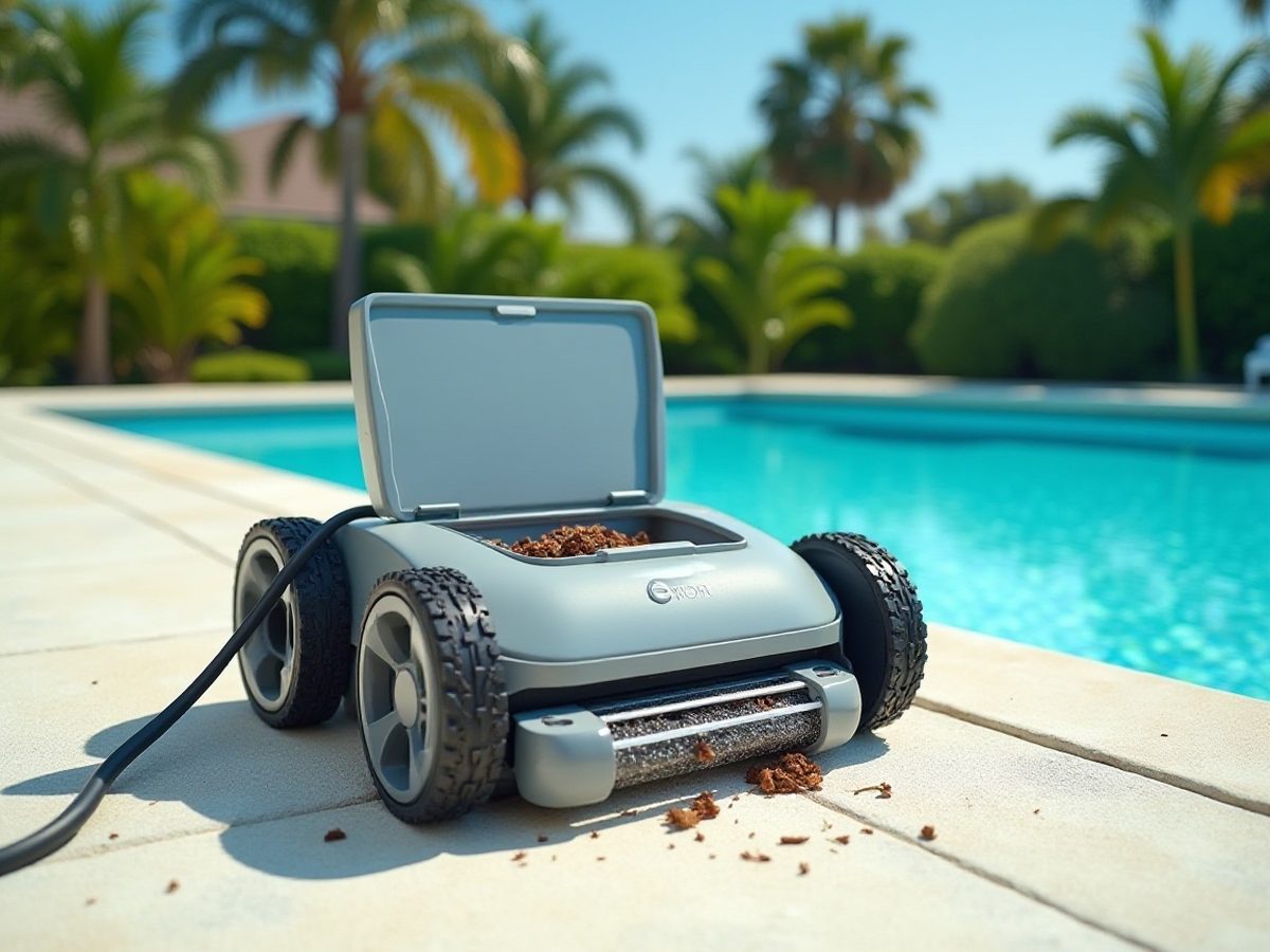 Robotic pool cleaner on the deck with its debris bin removed
