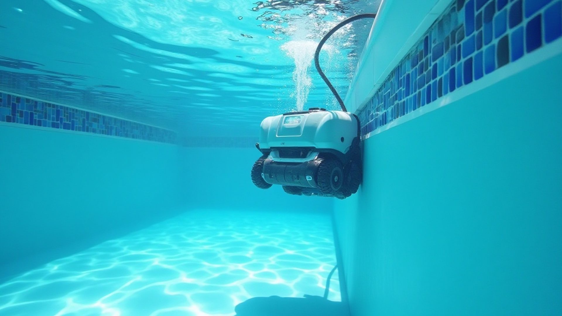 Robotic pool cleaner climbing the wall of a clear swimming pool