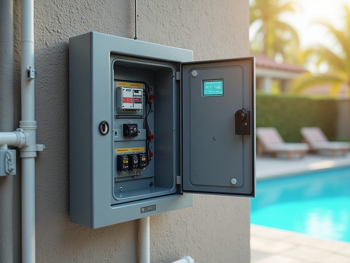 Salt system control box mounted on a wall near pool equipment