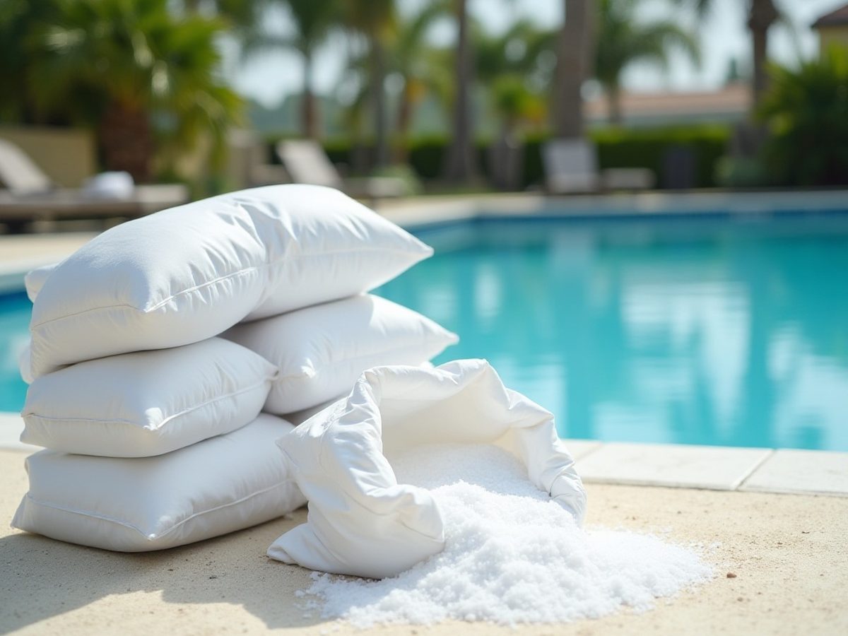 Bags of pool salt stacked beside a pool ready to be added