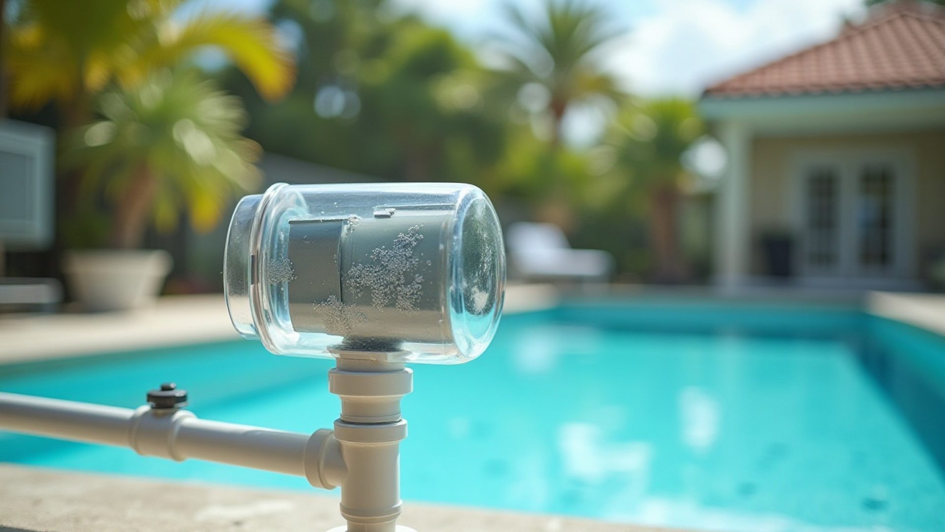 Salt chlorine generator cell installed in the plumbing of a pool equipment pad