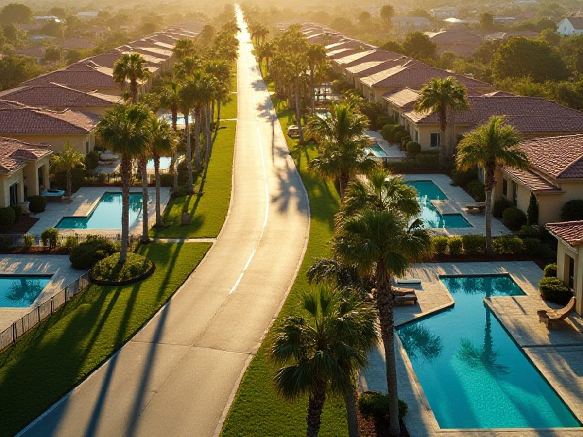 Row of Florida homes with screened pool enclosures in the backyards