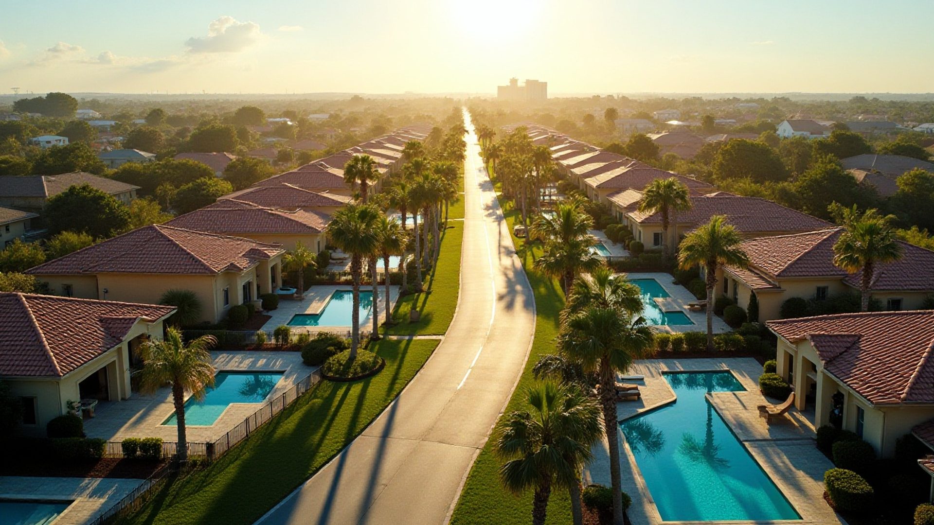 Aerial view of Florida homes with backyard swimming pools