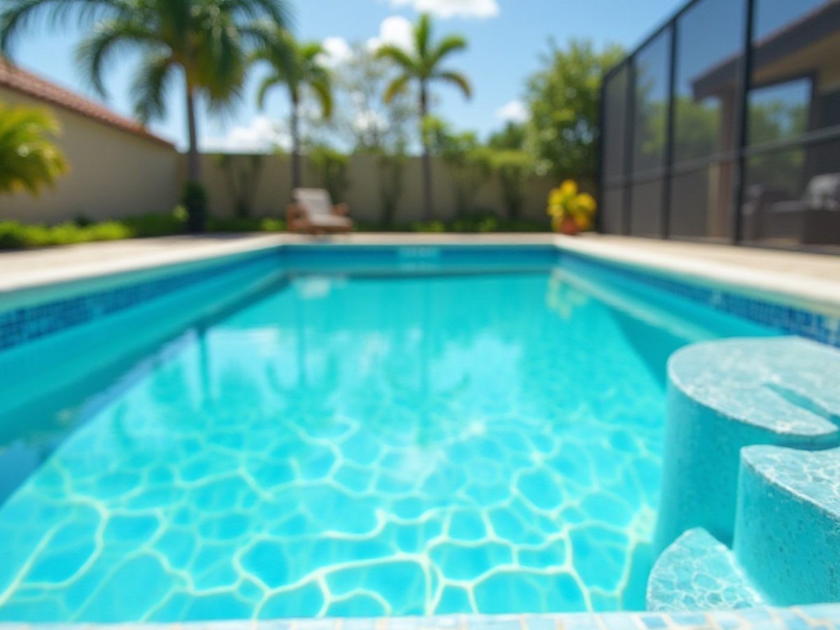 Freshly finished pool interior with smooth blue surface and waterline tile