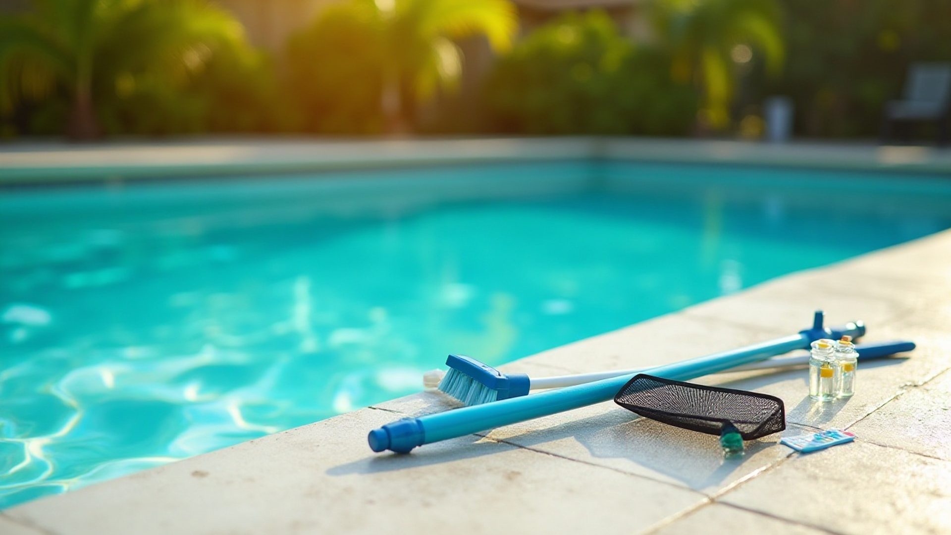 Pool brush, skimmer net and water test kit resting beside a clear Florida swimming pool