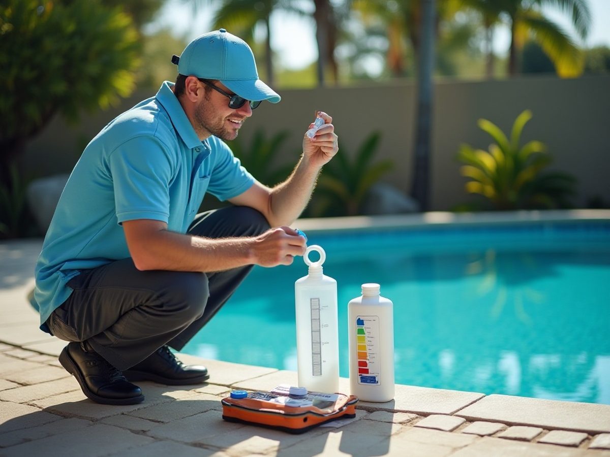 Pool professional holding a water test strip next to a residential pool