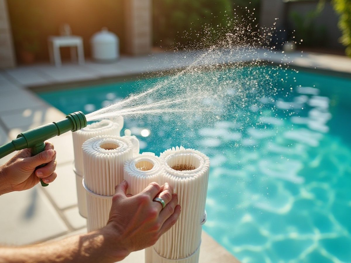 Hot tub filter cartridge being rinsed with a garden hose