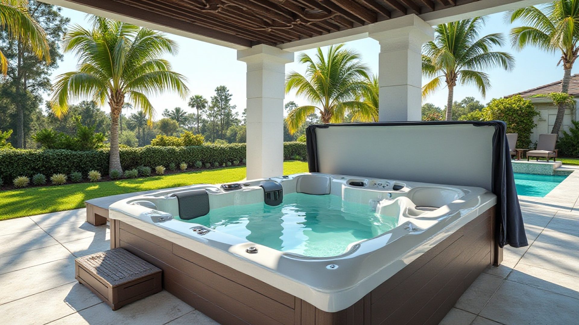 Clean hot tub with clear water and the cover folded back on a Florida patio