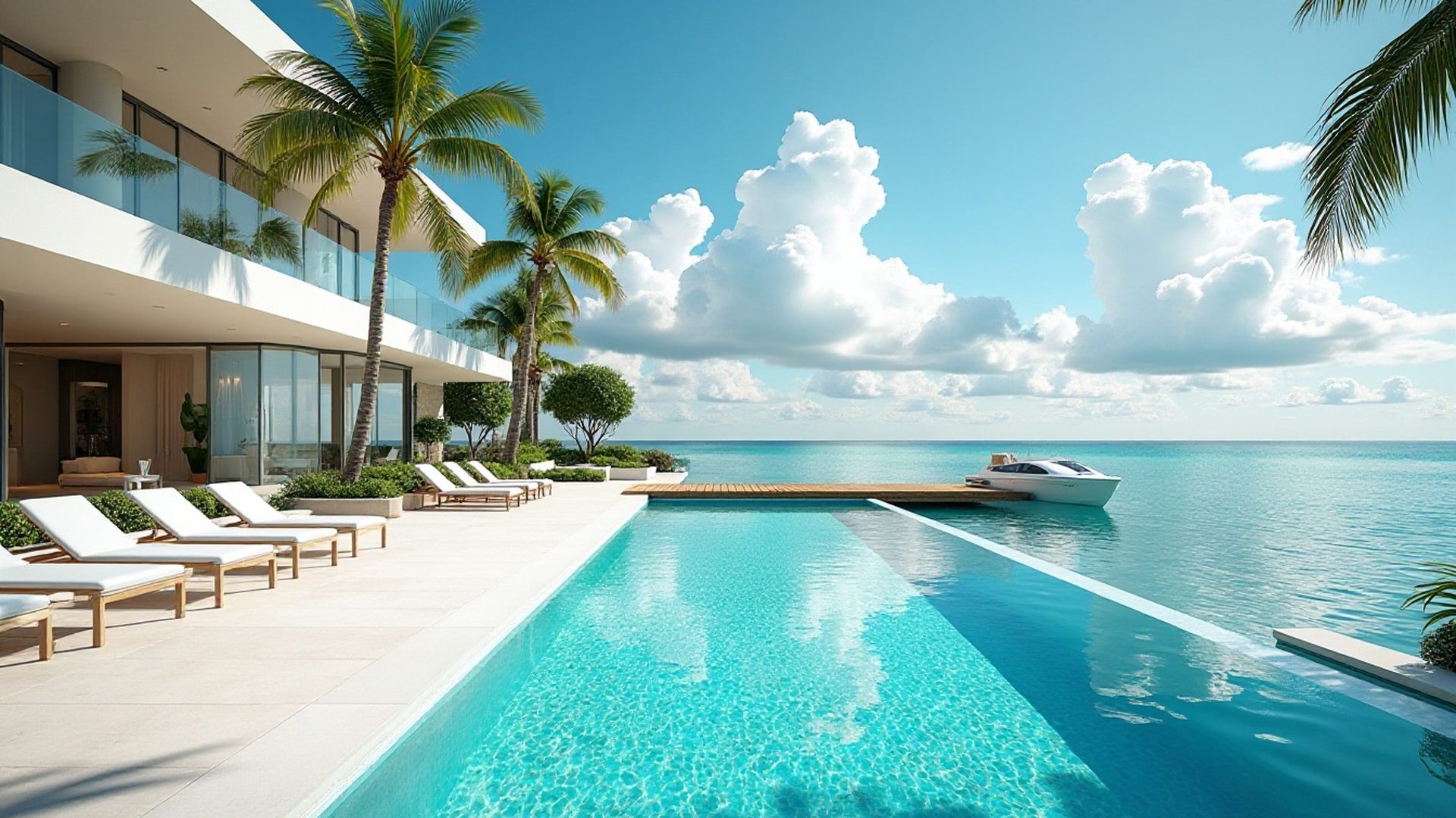 Backyard pool at a home in the Tampa Bay area under a summer sky