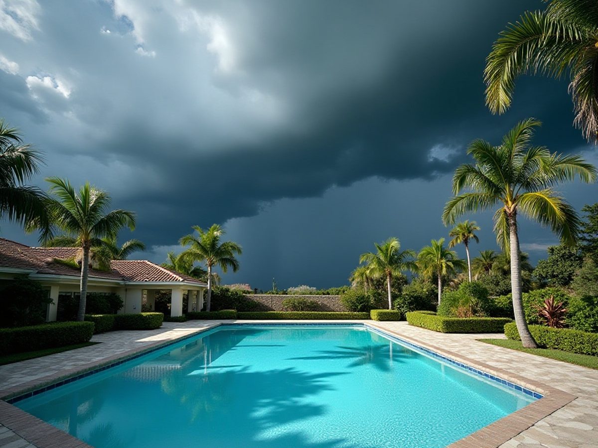 Storm clouds building over a backyard pool on a summer afternoon