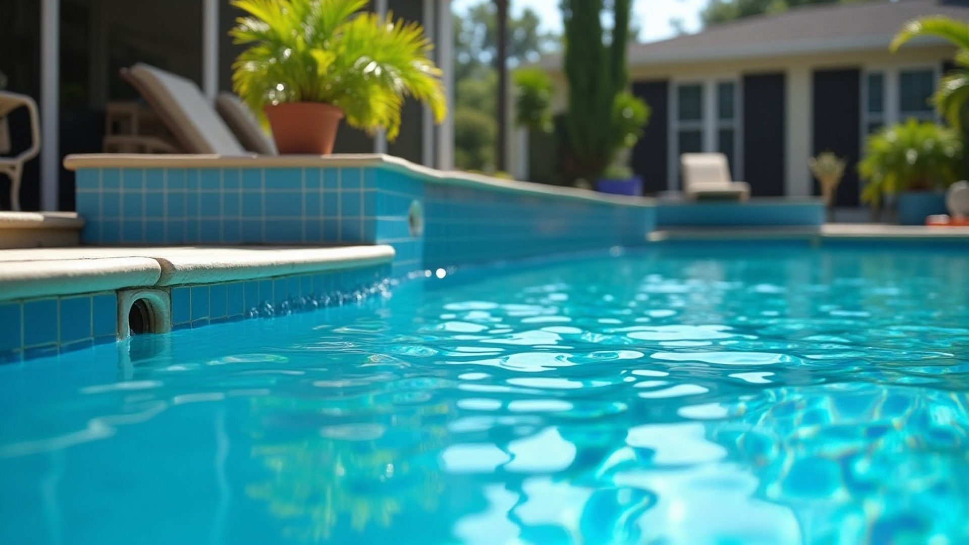 Pool deck with lounge chairs beside clear blue water