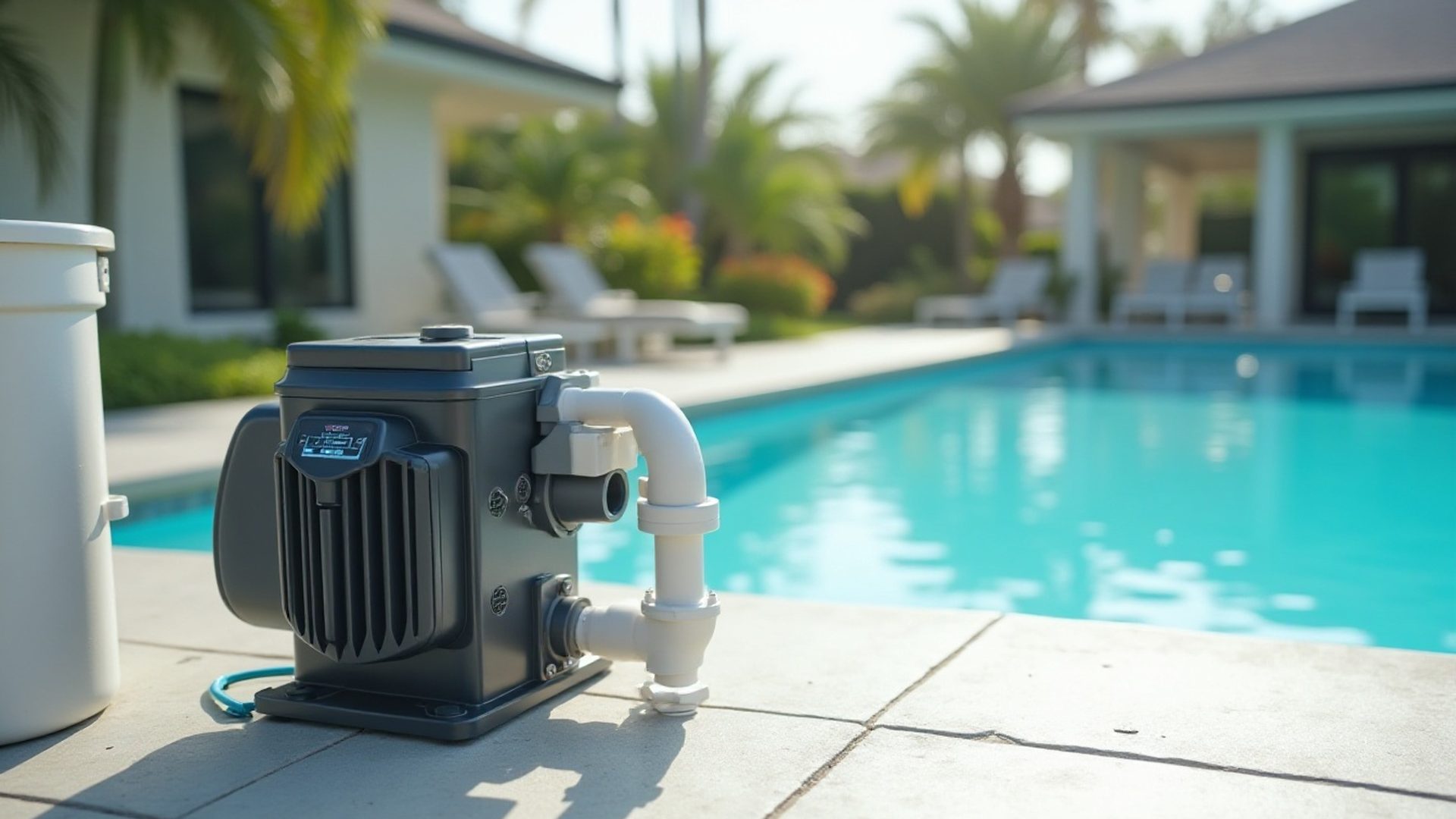 Variable-speed pool pump with a digital control pad installed on an equipment pad