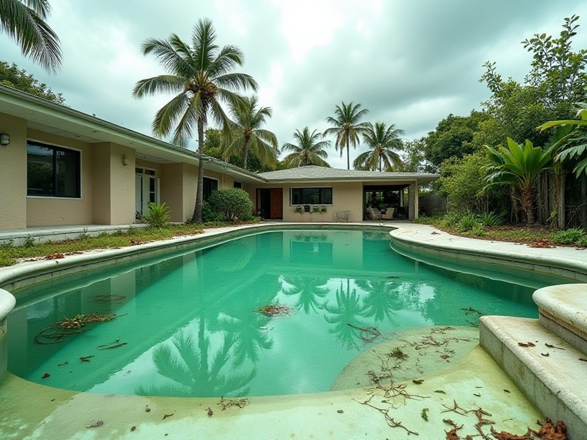 Unscreened backyard pool with leaves floating on the surface under palm trees