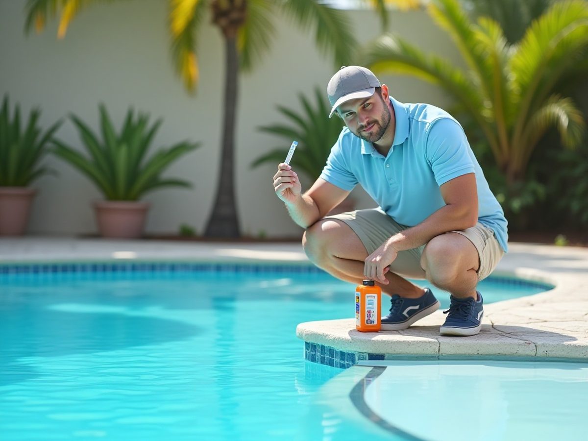 Pool professional checking a water test kit at the edge of a residential pool